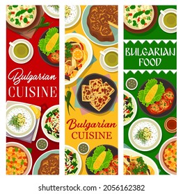 Bulgarian food restaurant meals banner. Vegetable salad Shopska, bryndza bread and Banitsa, Kufteta meatballs, yogurt cucumber cold Tarator, tomato bean and Bob Chobra soup, baked fish Plakia vector