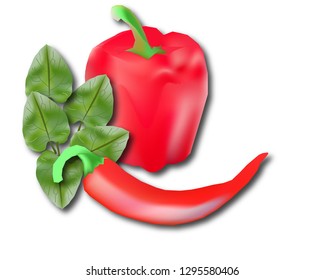 Bulgarian and hot pepper illustration, fresh Bulgarian pepper, fresh hot pepper, red Bulgarian pepper, red hot, fresh chili, fresh colorful, beautiful, colored, still life 