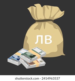 Bulgarian Lev Vector Illustration. Bulgaria money set bundle banknotes. Money bag 20, 50, 100 BGN. Flat style. Isolated on white background. Simple minimal design.