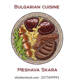 Bulgarian Mixed Grill (Meshana Skara): A hearty platter featuring an assortment of grilled meats including kebapche, kyufte, pork steaks, and sausages, served with fresh vegetables and garnishes.