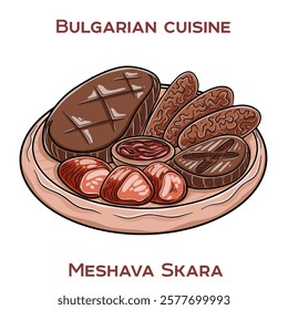 Bulgarian Mixed Grill (Meshana Skara): A hearty platter featuring an assortment of grilled meats including kebapche, kyufte, pork steaks, and sausages, served with fresh vegetables and garnishes.