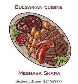 Bulgarian Mixed Grill (Meshana Skara): A hearty platter featuring an assortment of grilled meats including kebapche, kyufte, pork steaks, and sausages, served with fresh vegetables and garnishes.