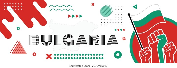 Bulgarian National day banner for Independence day with abstract modern design. Republic of Bulgaria Day cover map, raised fists and geometric art in flag color theme