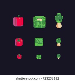 Bulgarian pepper, cabbage and turnip pixel art icons set, vector illustration.