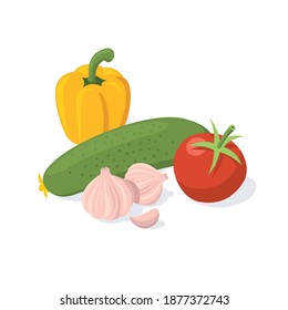 Bulgarian pepper, cucumber, garlic and tomato. Vector 3d isometric, color web icons set, new flat style.