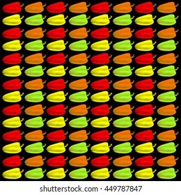 Bulgarian pepper. Pattern and background of colorful peppers on a black background