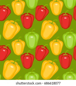 Bulgarian pepper seamless pattern. Paprika yellow, green, red, endless background, texture. Vegetable background Vector illustration