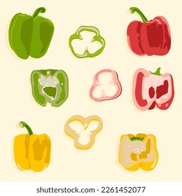 Bulgarian pepper. A set of peppers. Vector illustration. A whole pepper, a pepper wedge, and a pepper cut in half. Healthy food.