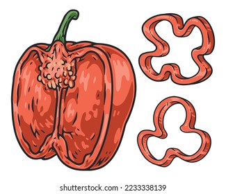 Bulgarian pepper sliced colorful set labels vitamin sweet paprika half or rings to add to delicious veggie salad vector illustration