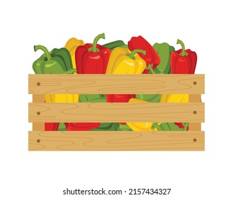 Bulgarian pepper. Wooden box with peppers. Wooden box with vegetables. Vector illustration isolated on a white background