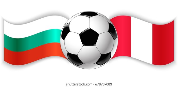 Bulgarian and Peruvian wavy flags with football ball. Bulgaria combined with Peru isolated on white. Football match or international sport competition concept.