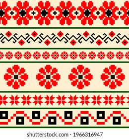 Bulgarian Slavic Balkan National Folklore Embroidery Style Red, White, Green And Black Ornamental Seamless Vector Pattern