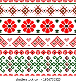 Bulgarian slavic balkan national folklore embroidery style red, white, green and black ornamental seamless vector pattern