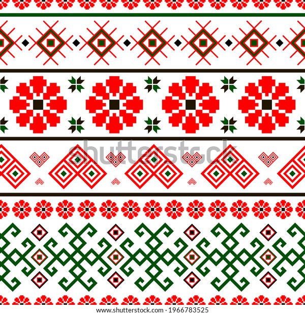 Bulgarian\
slavic balkan national folklore embroidery style red, white, green\
and black ornamental seamless vector\
pattern