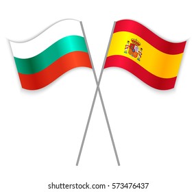 Bulgarian and Spanish crossed flags. Bulgaria combined with Spain isolated on white. Language learning, international business or travel concept.