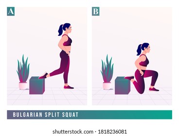 Bulgarian Split Squat
 Exercise, Women Workout Fitness, Aerobic And Exercises. Vector Illustration.	