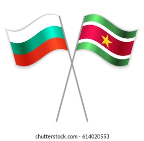 Bulgarian and Surinamese crossed flags. Bulgaria combined with Suriname isolated on white. Language learning, international business or travel concept.