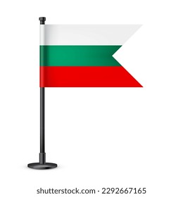 Bulgarian table flag on a black steel pole. Souvenir from Bulgaria. Desk flag made of paper or fabric and shiny metal stand. Mockup for promotion and advertising. Vector illustration