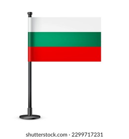 Bulgarian table flag on a black steel pole. Souvenir from Bulgaria. Desk flag made of paper or fabric and shiny metal stand. Mockup for promotion and advertising. Vector illustration