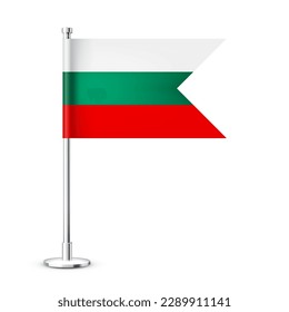 Bulgarian table flag on a chrome steel pole. Souvenir from Bulgaria. Desk flag made of paper or fabric and shiny metal stand. Mockup for promotion and advertising. Vector illustration