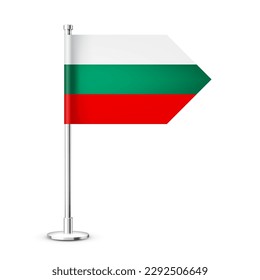Bulgarian table flag on a chrome steel pole. Souvenir from Bulgaria. Desk flag made of paper or fabric and shiny metal stand. Mockup for promotion and advertising. Vector illustration