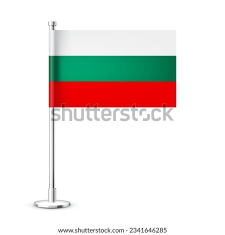 Bulgarian table flag on a chrome steel pole. Souvenir from Bulgaria. Desk flag made of paper or fabric and shiny metal stand. Mockup for promotion and advertising. Vector illustration