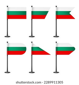 Bulgarian table flags on a black steel pole. Souvenir from Bulgaria. Desk flag made of paper or fabric, shiny metal stand. Mockup for promotion and advertising. Vector illustration