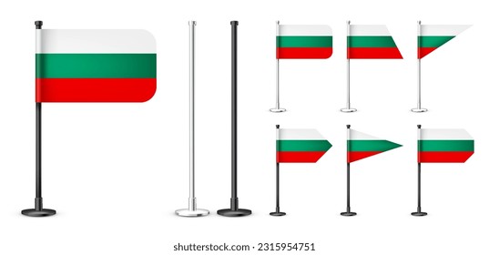 Bulgarian table flags on a black steel pole. Souvenir from Bulgaria. Desk flag made of paper or fabric, shiny metal stand. Mockup for promotion and advertising. Vector illustration