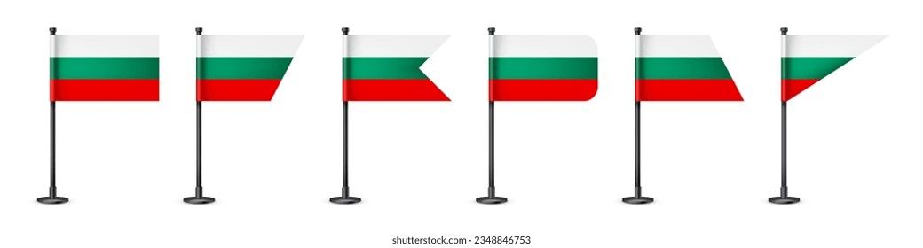 Bulgarian table flags on a black steel pole. Souvenir from Bulgaria. Desk flag made of paper or fabric, shiny metal stand. Mockup for promotion and advertising. Vector illustration