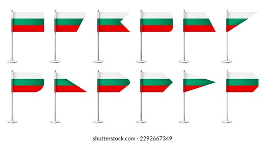 Bulgarian table flags on a chrome steel pole. Souvenir from Bulgaria. Desk flag made of paper or fabric, shiny metal stand. Mockup for promotion and advertising. Vector illustration