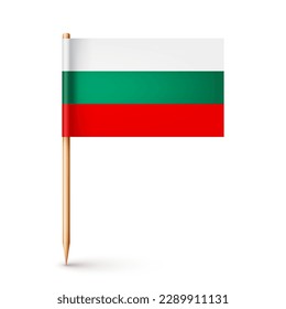 Bulgarian toothpick flag. Souvenir from Bulgaria. Wooden toothpick with paper flag. Location mark, map pointer. Blank mockup for advertising and promotions. Vector illustration
