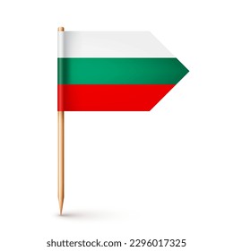 Bulgarian toothpick flag. Souvenir from Bulgaria. Wooden toothpick with paper flag. Location mark, map pointer. Blank mockup for advertising and promotions. Vector illustration