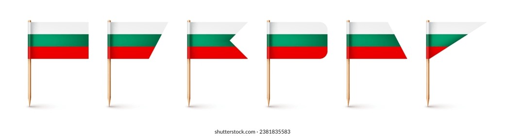 Bulgarian toothpick flags. Souvenir from Bulgaria. Wooden toothpicks with paper flag. Location mark, map pointer. Blank mockup for advertising and promotions. Vector illustration