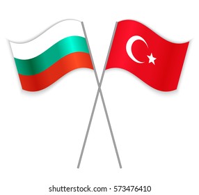 Bulgarian and Turkish crossed flags. Bulgaria combined with Turkey isolated on white. Language learning, international business or travel concept.