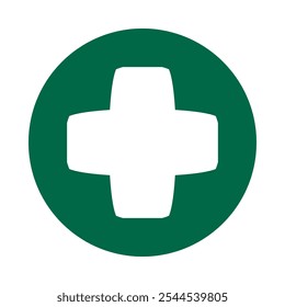 Bulging, chamfered corner cross green circle. A first aid symbol is distorted with a bulge. Isolated on a white background.