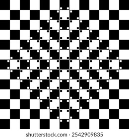 Ilusão geométrica-óptica quadriculada abaulada. Quadriculado totalmente regular de quadrados pretos e brancos com linhas laterais retas. A impressão 3D e a ilusão de um bojo são criadas por pequenos pontos.