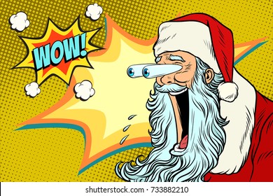 Bulging eyes Hyper reaction to Santa Claus. New year and Christmas. Pop art retro vector illustration