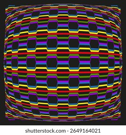 Bulging grid pattern. Vibrant mosaic illusion. Rainbow warp vector. Optical rounded art.
