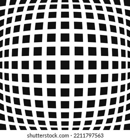 Bulging square silhouette shapes halftone pattern. An arrangement of black shapes distorted with a bulge. Isolated on a white background.