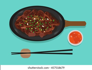 Bulgogi or Bul Go Gi with Ssamjang sauce Top View Illustration. Flat Lay Style Korean Cuisine image. Editable Clip Art