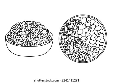 Bulgogi Korean dish, vector outline set. Rice, meat, cucumbers