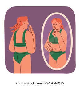 Bulimia, anorexia, phobia of overweight concept. Woman looks in mirror, fear to eat, afraid about weight, control nutrition, diet. Psychology and mental disorder with eating. Flat vector illustration