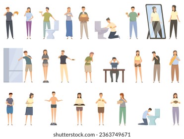 Bulimia icons set cartoon vector. Fat food. Diet eating