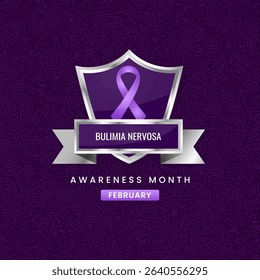 Bulimia Nervosa awareness month background shield design with purple silk ribbon.