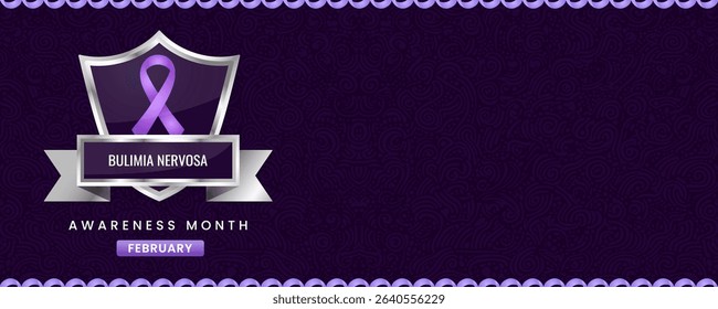 Bulimia Nervosa Awareness Month banner, with Purple ribbon, shield and space for text.