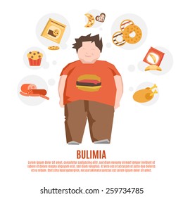 Bulimia support group concept with fat young man and unhealthy food flat vector illustration