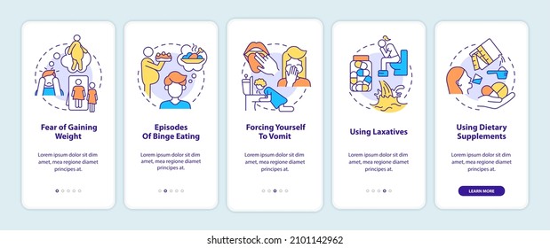 Bulimia symptoms onboarding mobile app screen. Fear of gaining weight walkthrough 5 steps graphic instructions pages with linear concepts. UI, UX, GUI template. Myriad Pro-Bold, Regular fonts used