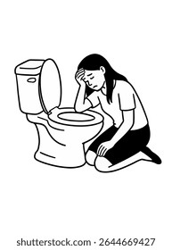 bulimia woman near toilet bowl in bathroom, psychological problem, Black and white vector illustration