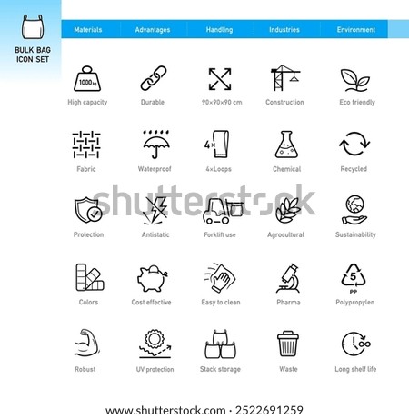 Bulk bag or big bag icon set. The outline icons are well scalable and editable. Contrasting vector elements are good for different backgrounds. EPS10.	