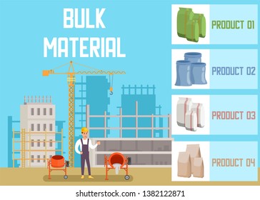 Bulk Building Materials Online Shop Advertising Banner Flat Illustration Male Builder Standing between Concrete Mixers on City Construction Landscape Vector Four Goods Cards with Product Information